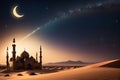 Crescent Moon Illuminating a Tranquil Desert Scene: Silhouette of a Mosque\'s Minaret Under a Starlit Sky Royalty Free Stock Photo