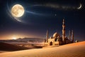 Crescent Moon Illuminating a Tranquil Desert Scene: Silhouette of a Mosque\'s Minaret Under a Starlit Sky Royalty Free Stock Photo