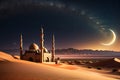 Crescent Moon Illuminating a Tranquil Desert Scene: Silhouette of a Mosque\'s Minaret Under a Starlit Sky Royalty Free Stock Photo