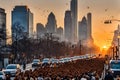 Millions of Hens Overrun an Urban Landscape - Dominate Bustling City Streets, Perched Atop Traffic Lights