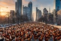 Millions of Hens Overrun an Urban Landscape - Dominate Bustling City Streets, Perched Atop Traffic Lights Royalty Free Stock Photo