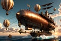 Skies of Steam: Steampunk Airship Towering Over the Ocean\'s Surface, Intricate Gears, and Steam Bellowing from Pipes