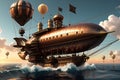 Skies of Steam: Steampunk Airship Towering Over the Ocean\'s Surface, Intricate Gears, and Steam Bellowing from Pipes