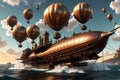 Skies of Steam: Steampunk Airship Towering Over the Ocean\'s Surface, Intricate Gears, and Steam Bellowing from Pipes