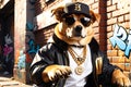 Hip-Hop Superstar Dog: Baseball Cap Angled to the Side, Dark Sunglasses Obscuring Eyes, Golden Chain