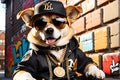 Hip-Hop Superstar Dog: Baseball Cap Angled to the Side, Dark Sunglasses Obscuring Eyes, Golden Chain