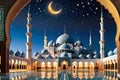 Mosque Beneath the Crescent Moon: Graceful Minarets and Devout Worshippers