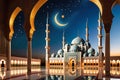 Mosque Beneath the Crescent Moon: Graceful Minarets and Devout Worshippers Royalty Free Stock Photo