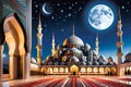 Mosque Beneath the Crescent Moon: Graceful Minarets and Devout Worshippers