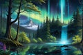 Mystical Haven: Enchanted Forest Clearing Beneath an Aurora-Filled Sky, Trees Adorned with Bioluminescent Fungi Royalty Free Stock Photo