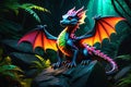 Neon Fantasy: Baby Dragon Perched Atop a Craggy Boulder with Unfurled Wings, Illuminating the Surroundings Royalty Free Stock Photo