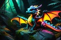 Neon Fantasy: Baby Dragon Perched Atop a Craggy Boulder with Unfurled Wings, Illuminating the Surroundings Royalty Free Stock Photo