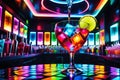 Neon Elixir: Cocktail Glass Under Mesmerizing Neon Lights, Swirling Colors Reflecting off Ice Cubes Within