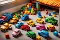 room cluttered with an array of colorful toys strewn about the floor, plush toys piled in a haphazard delight Royalty Free Stock Photo