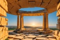 Winter solstice illuminating Mnajdra Temple in Malta, golden sunlight filtering through stone apertures Royalty Free Stock Photo