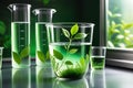 Green Leaves Thriving Within a Beaker Filled with Clear Water - Embodying Green Chemistry