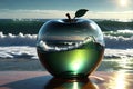 Ephemeral Fusion: Glass Apple with Shadowy Sphere Cast upon Tumultuous Ocean Waves