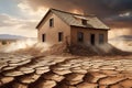 Cracked Earth Dividing a Once Unified Landscape: A House Precariously Tilted on the Edge, Fissures Reveal Nature\'s Rift