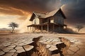 Cracked Earth Dividing a Once Unified Landscape: A House Precariously Tilted on the Edge, Fissures Reveal Nature\'s Rift