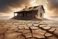 Cracked Earth Dividing a Once Unified Landscape: A House Precariously Tilted on the Edge, Fissures Reveal Nature\'s Rift