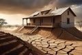 Cracked Earth Dividing a Once Unified Landscape: A House Precariously Tilted on the Edge, Fissures Reveal Nature\'s Rift