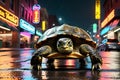 turtle showcasing incredible speed on an urban thoroughfare, bustling with nocturnal activity, background blur