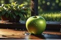 An apple in hyper-realistic photography, glistening with fresh water droplets and positioned prominently