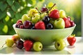 Bowl of fresh fruit featuring vibrant strawberries, glossy cherries, sun-kissed golden apples, and luscious berries