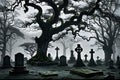 A horror and scary grave yard night scene illustration 3d rendered