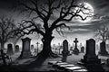 A horror and scary grave yard night scene illustration 3d rendered