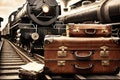 Briefcase on railway line travel concept abstract background