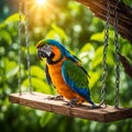 Hyper realistic nature scenery capturing ultra zoom close up of a parrot in greenary