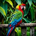 Hyper realistic nature scenery capturing ultra zoom close up of a parrot in greenary