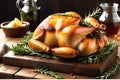A succulent roast chicken placed at the center of a rustic wooden table, natural light accentuating its delicious allure