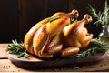 A succulent roast chicken placed at the center of a rustic wooden table, natural light accentuating its delicious allure