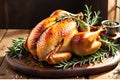 A succulent roast chicken placed at the center of a rustic wooden table, natural light accentuating its delicious allure