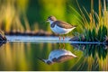 Focused Common Sandpiper Wading Through Serene Wetland, Reflection Mirrored in Still Water Background