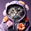 Fashionable Cat: Adorable Feline Wearing Embellished Hoodie with Flowers in 4K