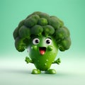 Cute Upset Broccoli Against Solid Background: 3D Rendering of Expressive Veggie