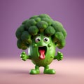 Cute Upset Broccoli Against Solid Background: 3D Rendering of Expressive Veggie