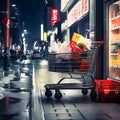 Midnight Shopping Spree: Purchased Items with Trolley on the Street