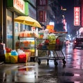 Midnight Shopping Spree: Purchased Items with Trolley on the Street