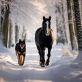 Winter Harmony: Horse and Dog in Snowy Jungle, A Festive Christmas Encounter Royalty Free Stock Photo