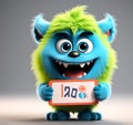 Cute Blue Furry Monster: 3D Cartoon Character Holding Placard - Cute Furry Monster Green Monster Royalty Free Stock Photo