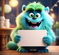 Cute Blue Furry Monster: 3D Cartoon Character Holding Placard - Cute Furry Monster Green Monster Royalty Free Stock Photo