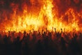 Powerful scene of people raising slogans with hands up amidst surrounding fire Royalty Free Stock Photo