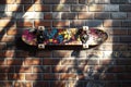 High-realistic close-up photograph of a skateboard hanging on the wall Royalty Free Stock Photo