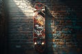 High-realistic close-up photograph of a skateboard hanging on the wall Royalty Free Stock Photo