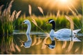 Duck Duo Paddling in Grassy Pond: 3D Render of Waterfowl Pair Swimming Amidst Lush Surroundings with Stunning Background Royalty Free Stock Photo