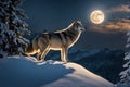 Majestic Wolf on Snowy Ridge: Full Moon Illuminates Pristine Landscape